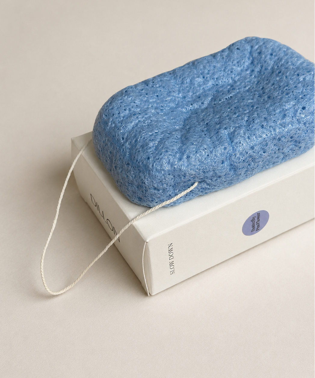 Blue sponge on a white box with a visible brand logo against a beige background
