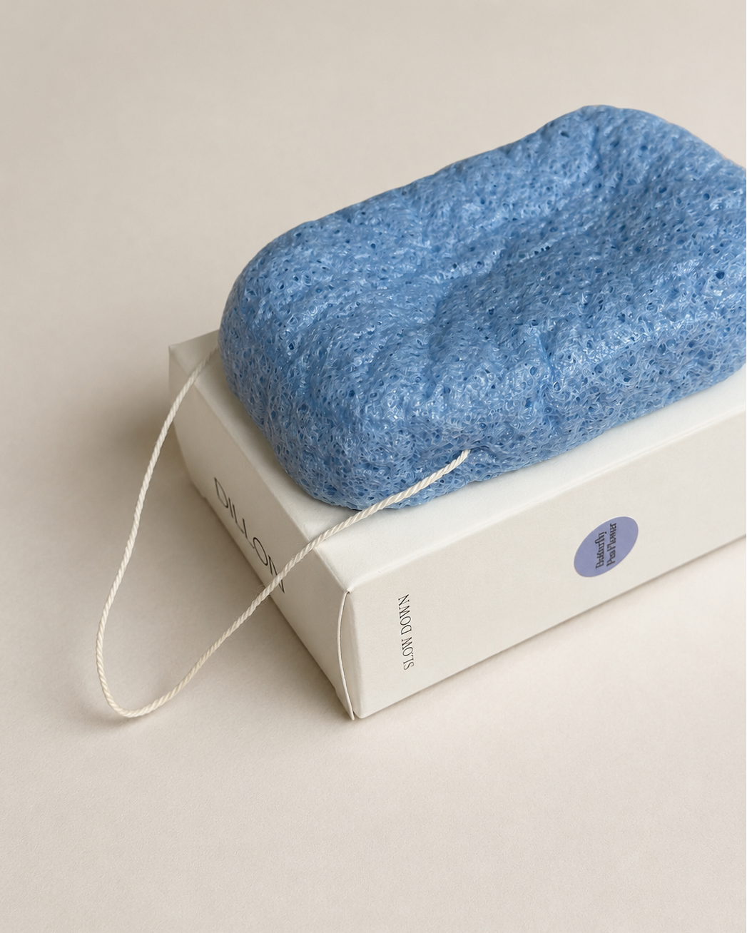 Blue sponge on a white box with a visible brand logo against a beige background